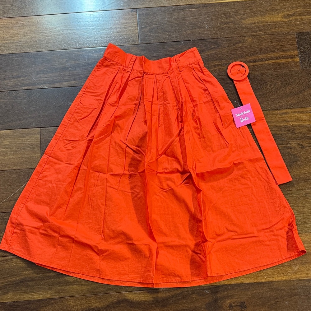 Bright Orange/Red Pleated A-Line Skirt